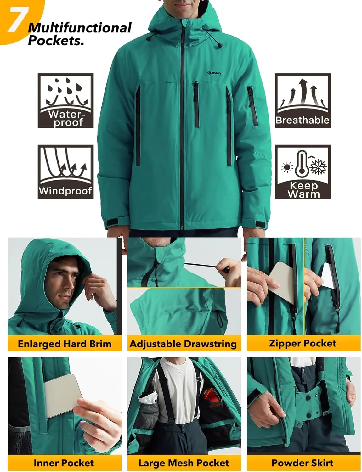 GEMYSE Men's Ski Jacket Warm Winter Snow Coat Waterproof Mountain Windbreaker Jacket for Snowboarding Hiking
