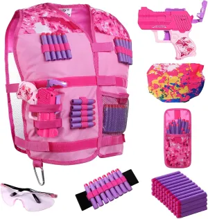 Girls Tactical Vest Kit with Blaster - Kids Pink Tactical Vest Compatible with Nerf Rebelle N-Strike Purple Darts Googles for Girl