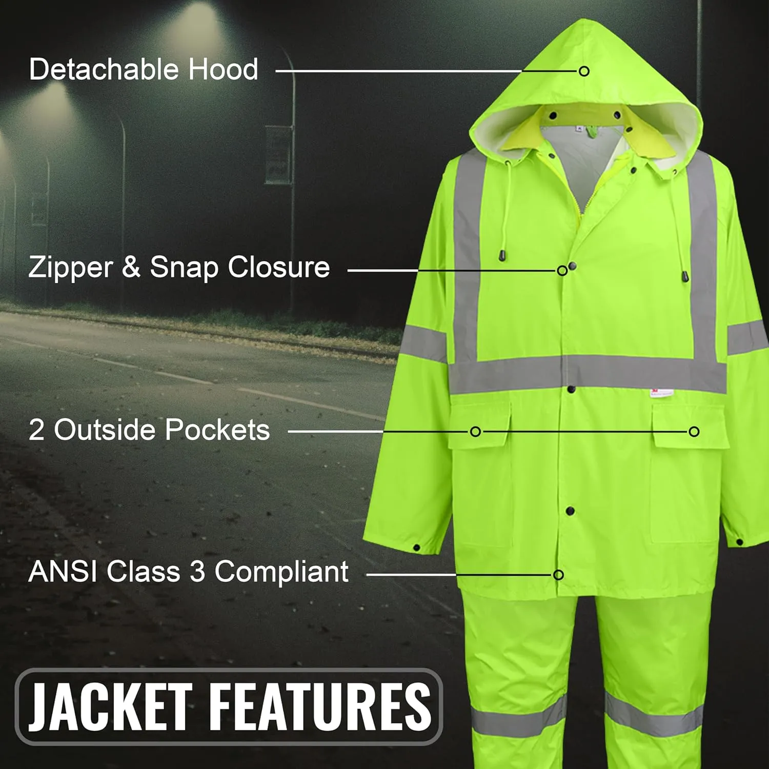 Global Glove FrogWear GLO-8000 Unisex High-Visibility Rain Suit, Lightweight Three-Piece Rain Gear with Waterproof Jacket
