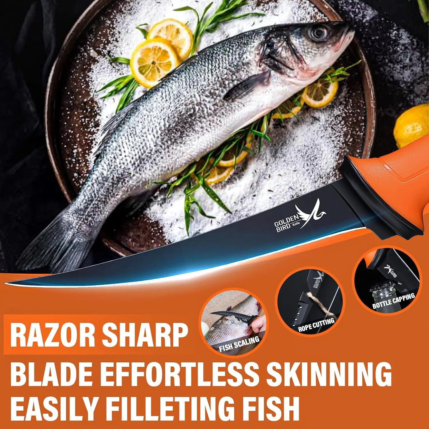 Golden Bird 6'' Fillet Knife - Fishing Knife 5Cr15Mov Steel Boning Knives with Sharp Edge, Non-Slip Handles Fish Knives with Sheath for Outdoors, Camping, Hiking, Men's Gift