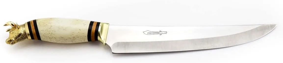 Golden Bull 9" BBQ Knife - Meat Slicing Knife With Bull Head Pommel, Ostrich Bone Handle, Wood Case - Swedish 14C28N Stainless Steel Blade - For Cutting Beef, Red Meat, Vegetables, Fruits