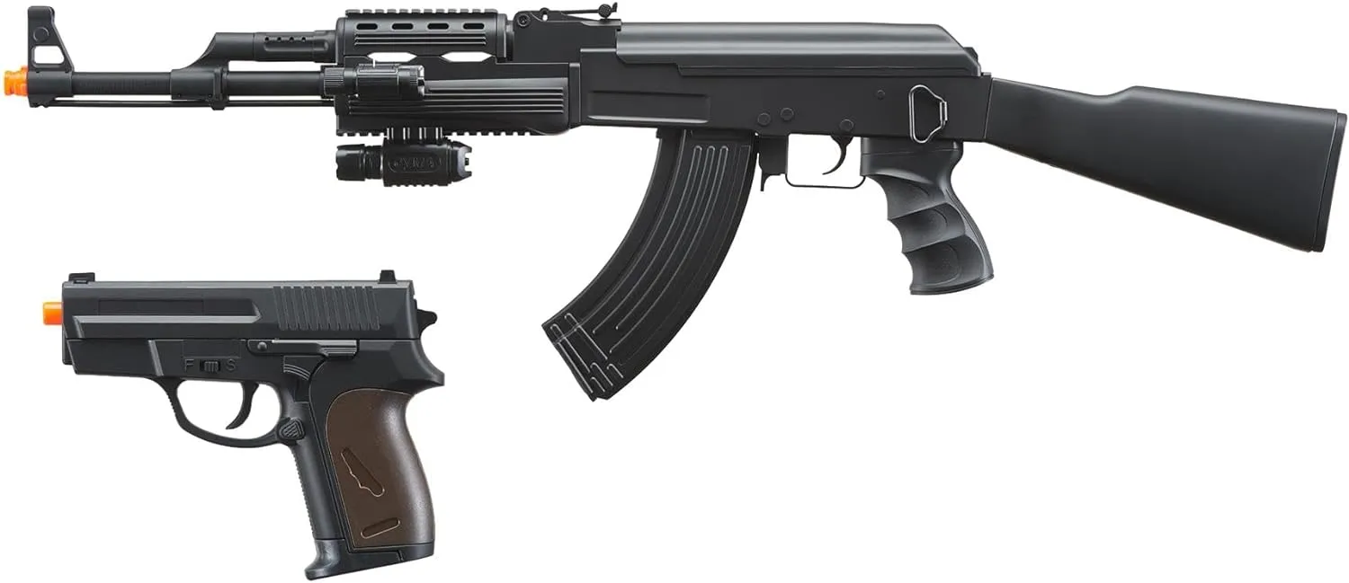 GoldenBall Airsoft Tactical Durable AK47 AEG with Spring Pistol Kit-Battery & Charger, Laser, Flashlight, 0.12g BBS Included