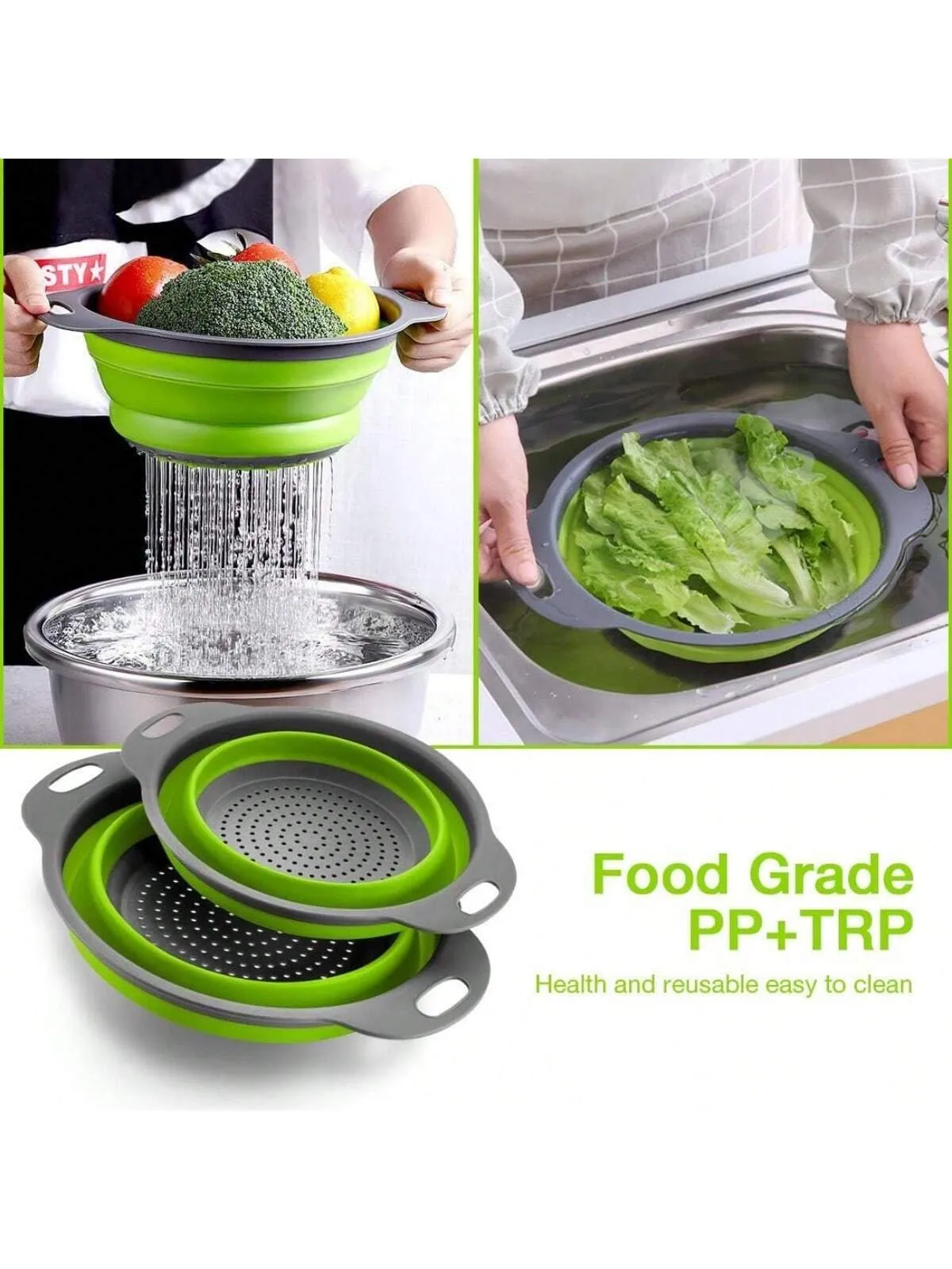 Green Silicone and Hard Plastic Collapsible Strainer