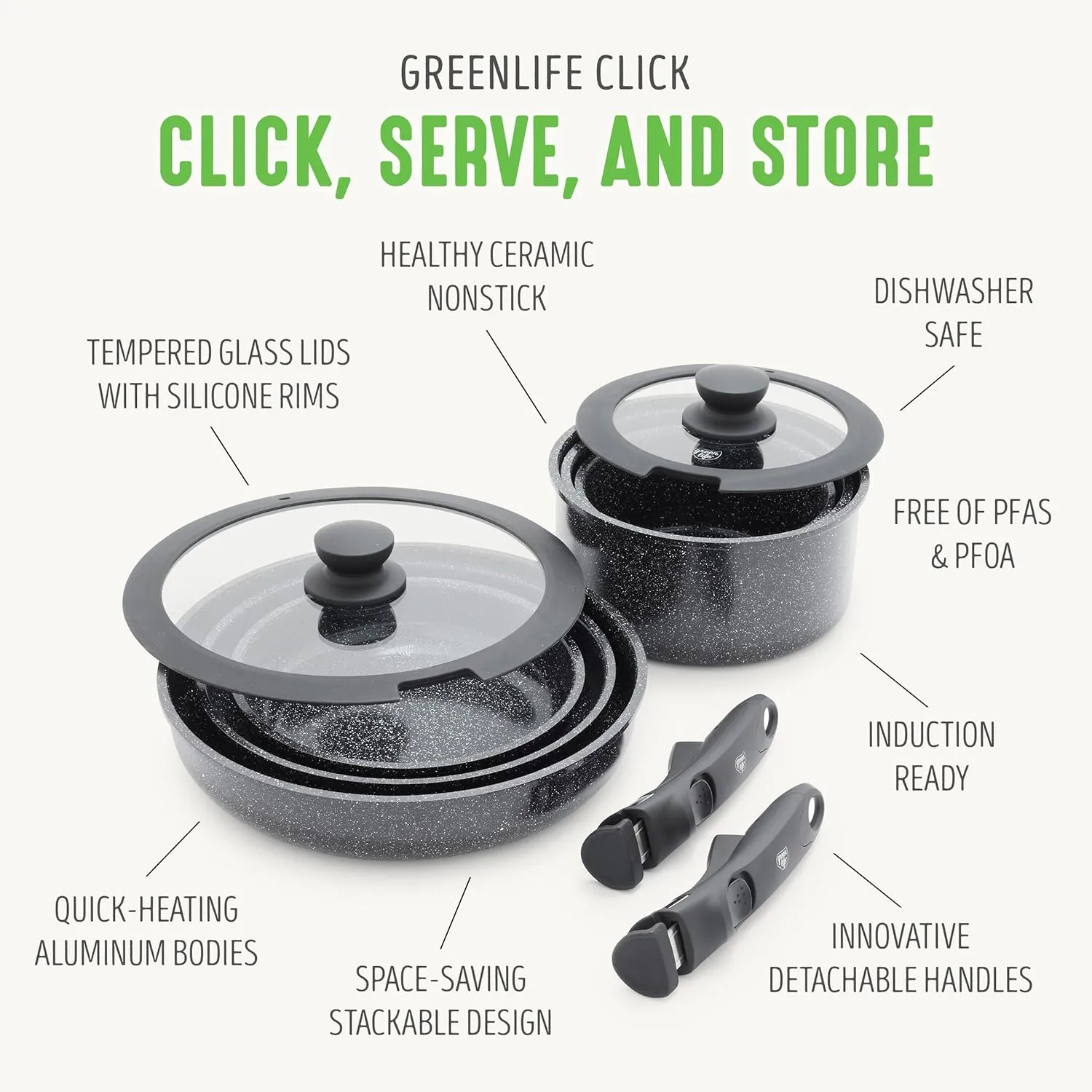 GreenLife 10 Piece Ceramic Pots and Pans Set, Nonstick Detachable & Stackable Cookware Set, Induction Kitchen Pans, Space Saving with Removable Handle, Oven Safe, Non Toxic PFAS-Free, Speckled Black