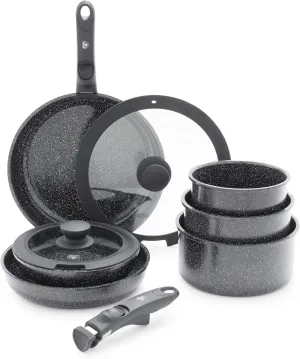 GreenLife 10 Piece Ceramic Pots and Pans Set, Nonstick Detachable & Stackable Cookware Set, Induction Kitchen Pans, Space Saving with Removable Handle, Oven Safe, Non Toxic PFAS-Free, Speckled Black