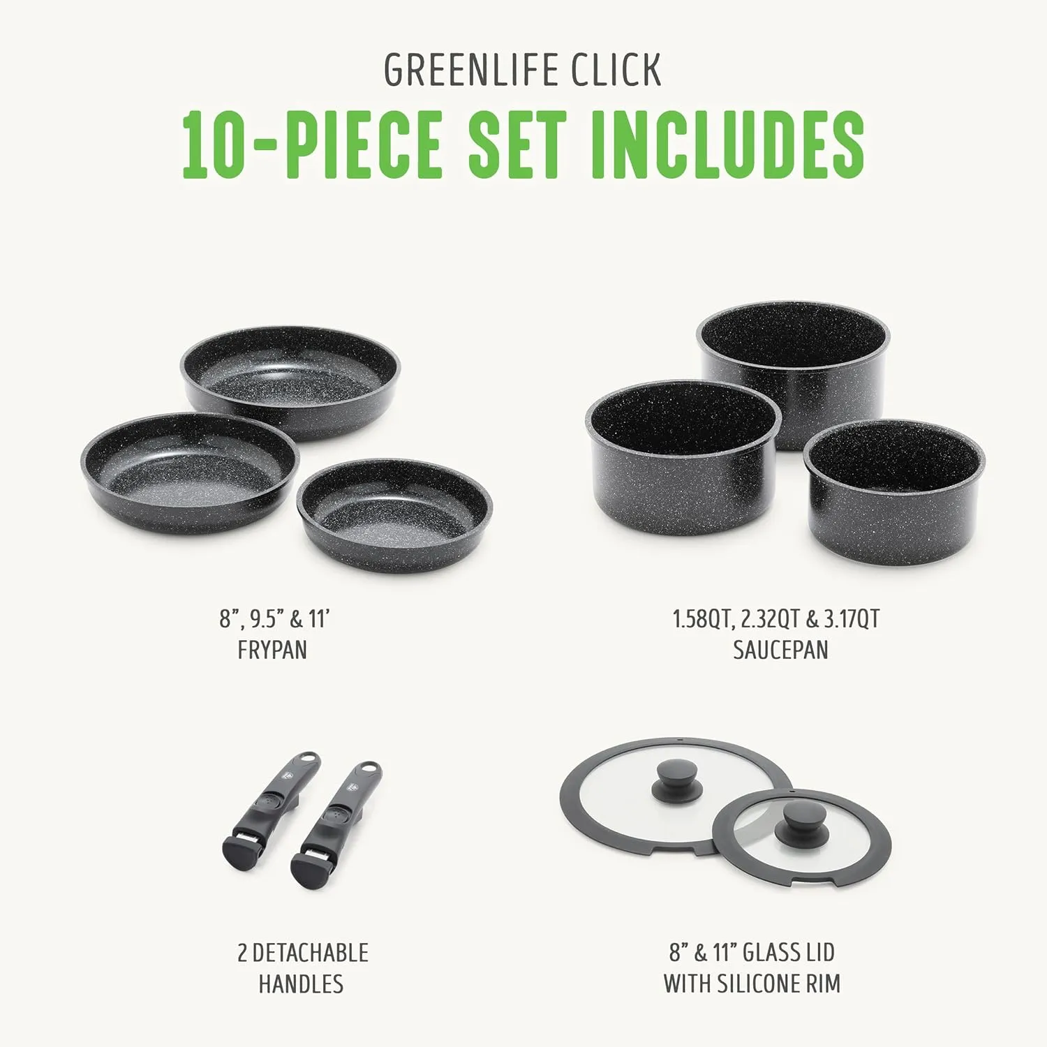 GreenLife 10 Piece Ceramic Pots and Pans Set, Nonstick Detachable & Stackable Cookware Set, Induction Kitchen Pans, Space Saving with Removable Handle, Oven Safe, Non Toxic PFAS-Free, Speckled Black