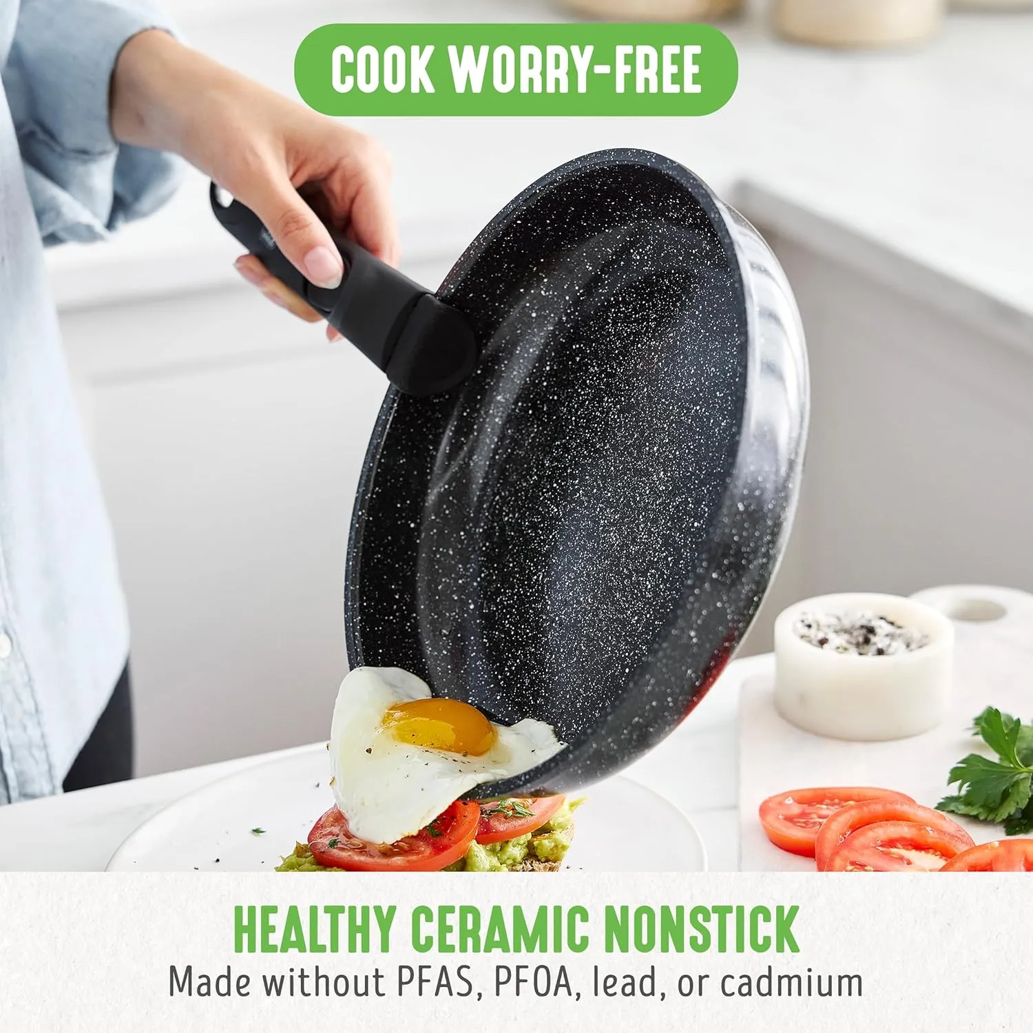GreenLife 10 Piece Ceramic Pots and Pans Set, Nonstick Detachable & Stackable Cookware Set, Induction Kitchen Pans, Space Saving with Removable Handle, Oven Safe, Non Toxic PFAS-Free, Speckled Black