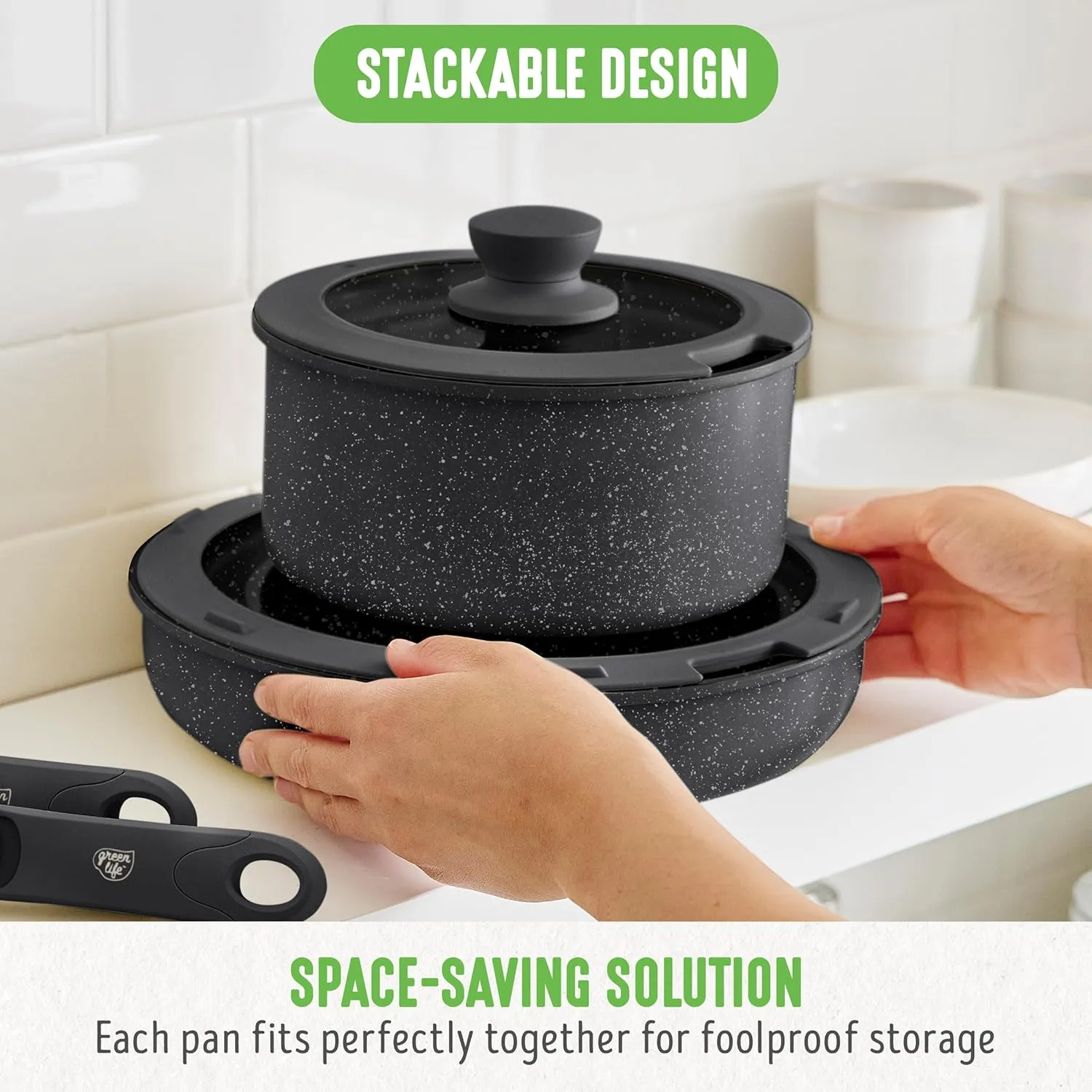 GreenLife 10 Piece Ceramic Pots and Pans Set, Nonstick Detachable & Stackable Cookware Set, Induction Kitchen Pans, Space Saving with Removable Handle, Oven Safe, Non Toxic PFAS-Free, Speckled Black