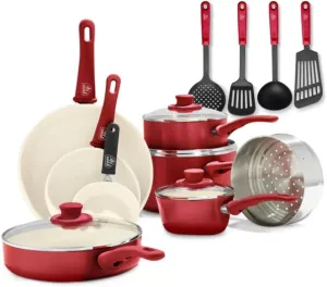 GreenLife Soft Grip 16 Piece Cookware Set, Non-Toxic PFAS-Free Ceramic Nonstick, Frying, Sauce, Saute, Utensils, Glass Lids, Stay-Cool Handles, Wobble Free, Dishwasher & Oven Safe, Red
