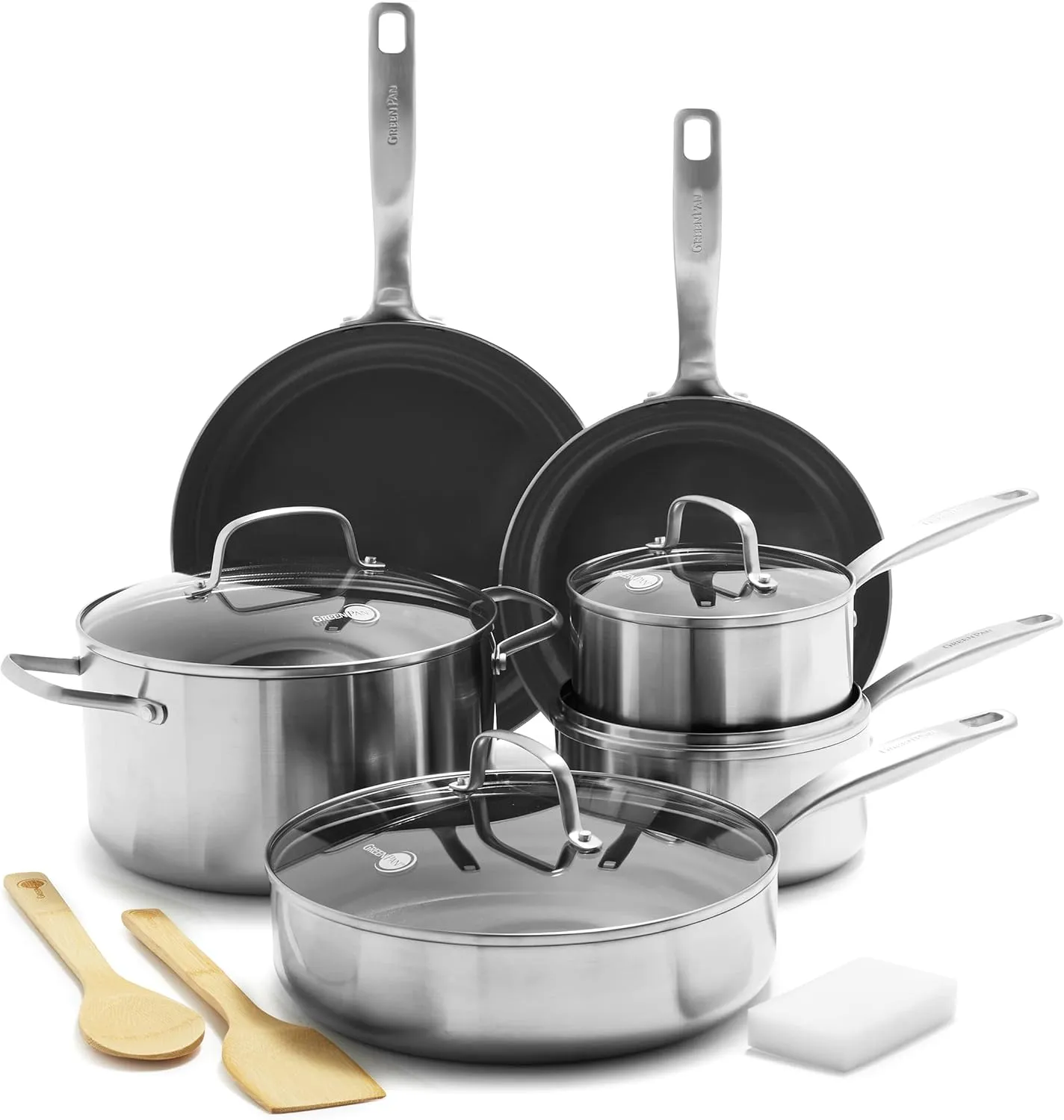 GreenPan Chatham Tri-Ply Stainless Steel Healthy Ceramic Nonstick 12 Piece Cookware Pots and Pans Set, PFAS & PFOA-Free, Multi Clad, Induction Suitable, Dishwasher Safe, Oven & Broiler Safe, Silver