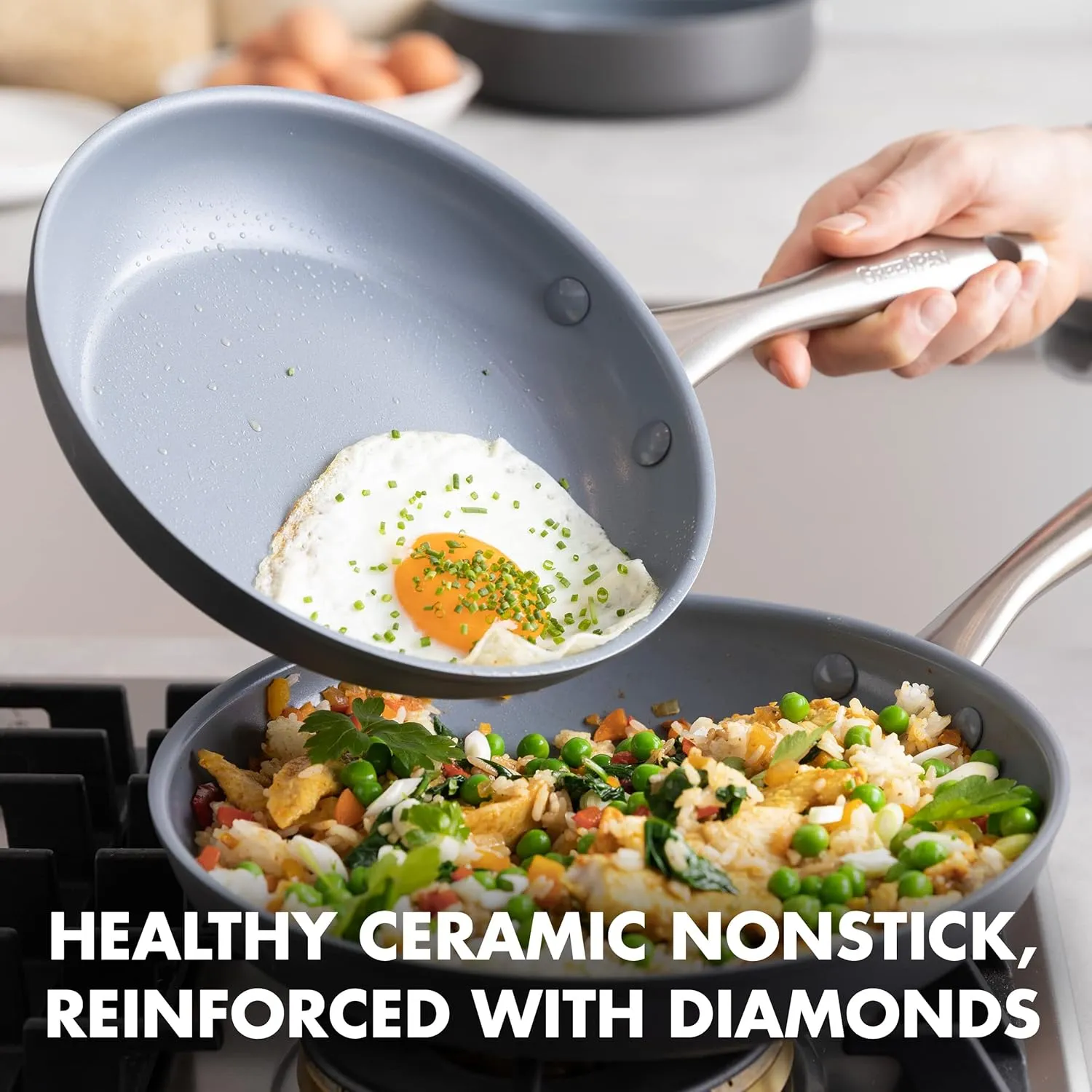 GreenPan Lima Ceramic Hard Anodized 8" 10" and 12" Frying Pan Skillet Set Nonstick, PFAS/PFOA-Free Nontoxic Pots and Pans, Oven & Broiler Safe, Stainless Steel Handle, Cookware for Eggs & Omelet, Gray