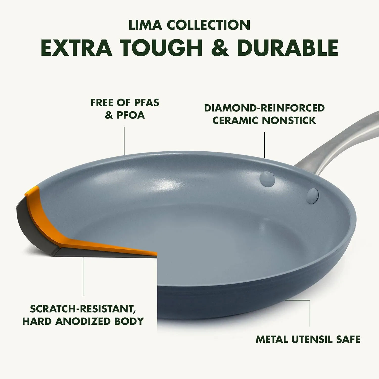 GreenPan Lima Ceramic Hard Anodized 8" 10" and 12" Frying Pan Skillet Set Nonstick, PFAS/PFOA-Free Nontoxic Pots and Pans, Oven & Broiler Safe, Stainless Steel Handle, Cookware for Eggs & Omelet, Gray