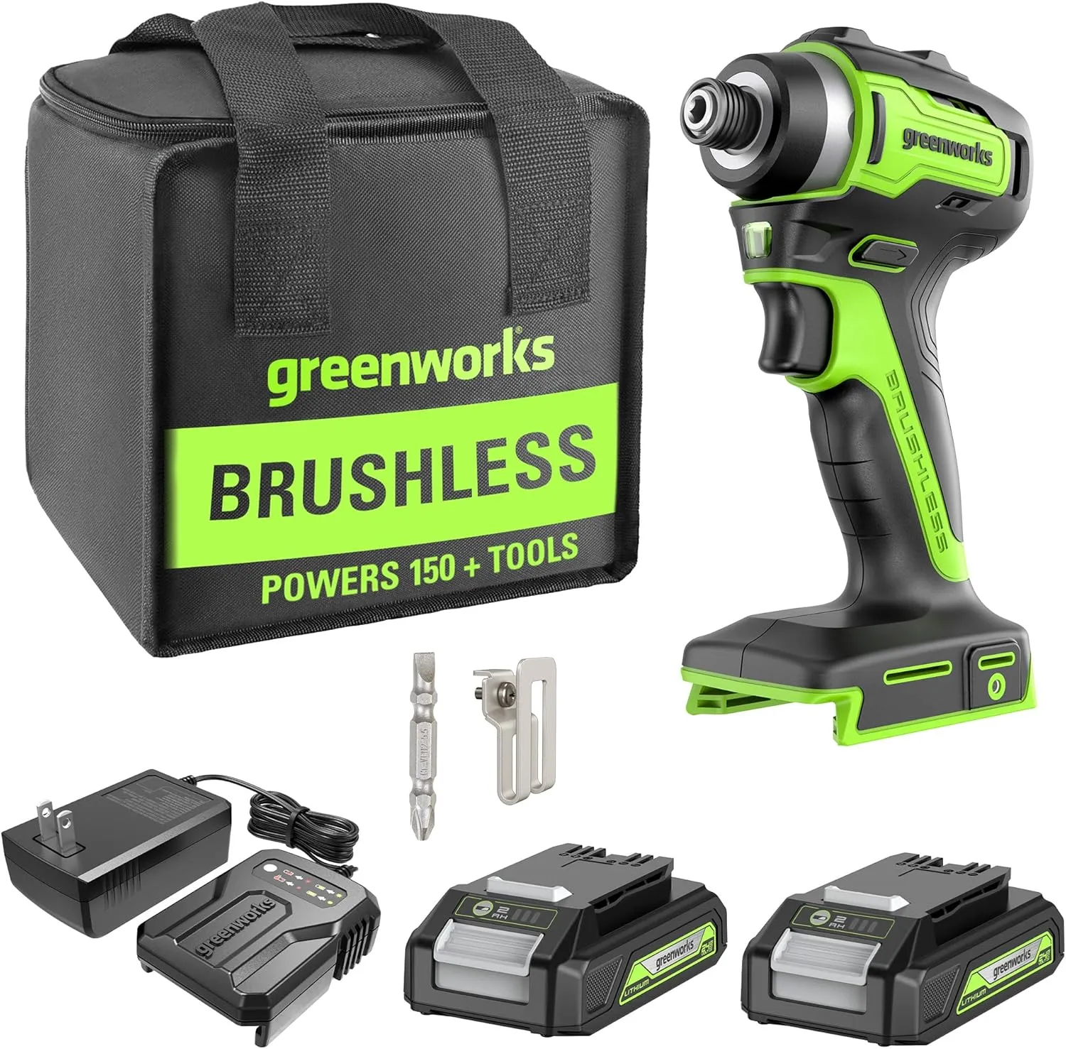 Greenworks 24V Cordless Impact Driver Kit, 1/4-inch Hex, 1950 in./lbs Torque, Variable Speed Brushless Impact Drill/Driver Set, 2 Batteries & Adapter charger, Bits and Tool Bag Included