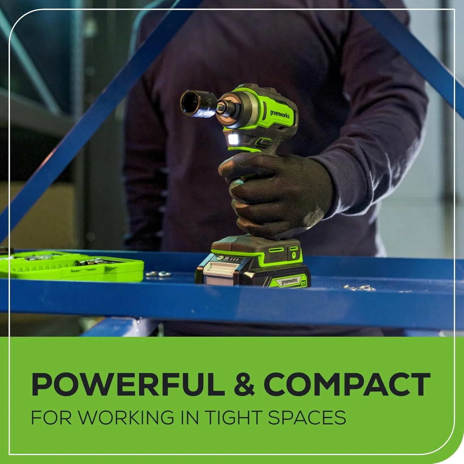 Greenworks 24V Cordless Impact Driver Kit, 1/4-inch Hex, 1950 in./lbs Torque, Variable Speed Brushless Impact Drill/Driver Set, 2 Batteries & Adapter charger, Bits and Tool Bag Included