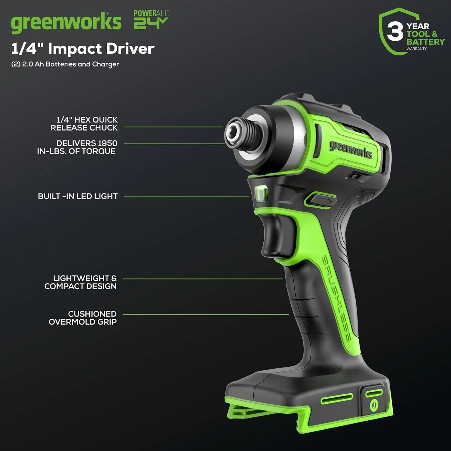 Greenworks 24V Cordless Impact Driver Kit, 1/4-inch Hex, 1950 in./lbs Torque, Variable Speed Brushless Impact Drill/Driver Set, 2 Batteries & Adapter charger, Bits and Tool Bag Included