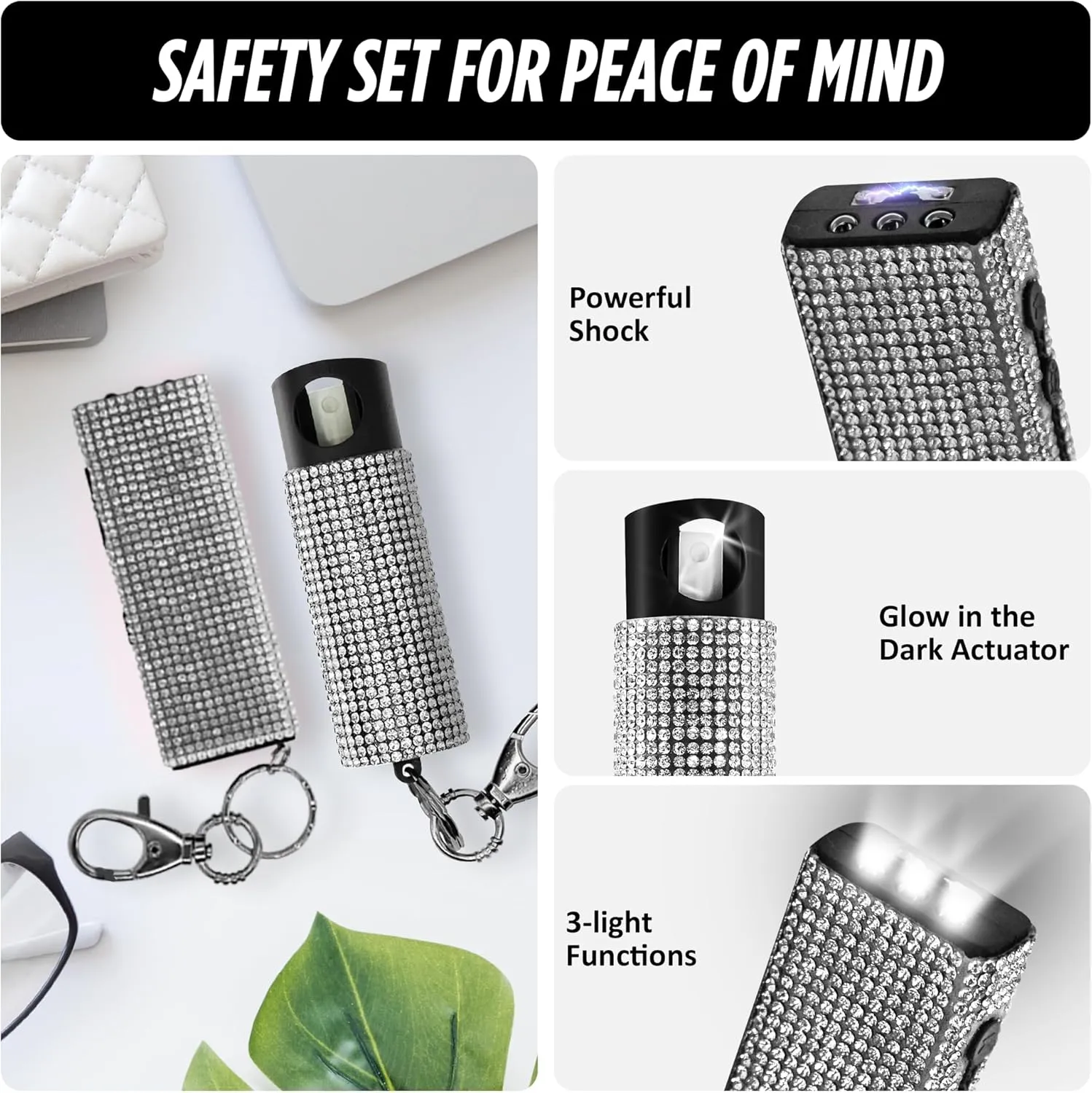 Guard Dog Security Bling It On Stun Gun and Pepper Spray for Self Defense, Fashionable Self-Defense Keychain Set for Women, Glow-in-The-Dark Actuator, 16-Ft Range, USB Rechargeable