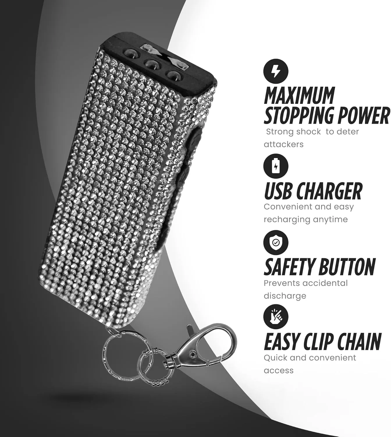 Guard Dog Security Bling It On Stun Gun and Pepper Spray for Self Defense, Fashionable Self-Defense Keychain Set for Women, Glow-in-The-Dark Actuator, 16-Ft Range, USB Rechargeable