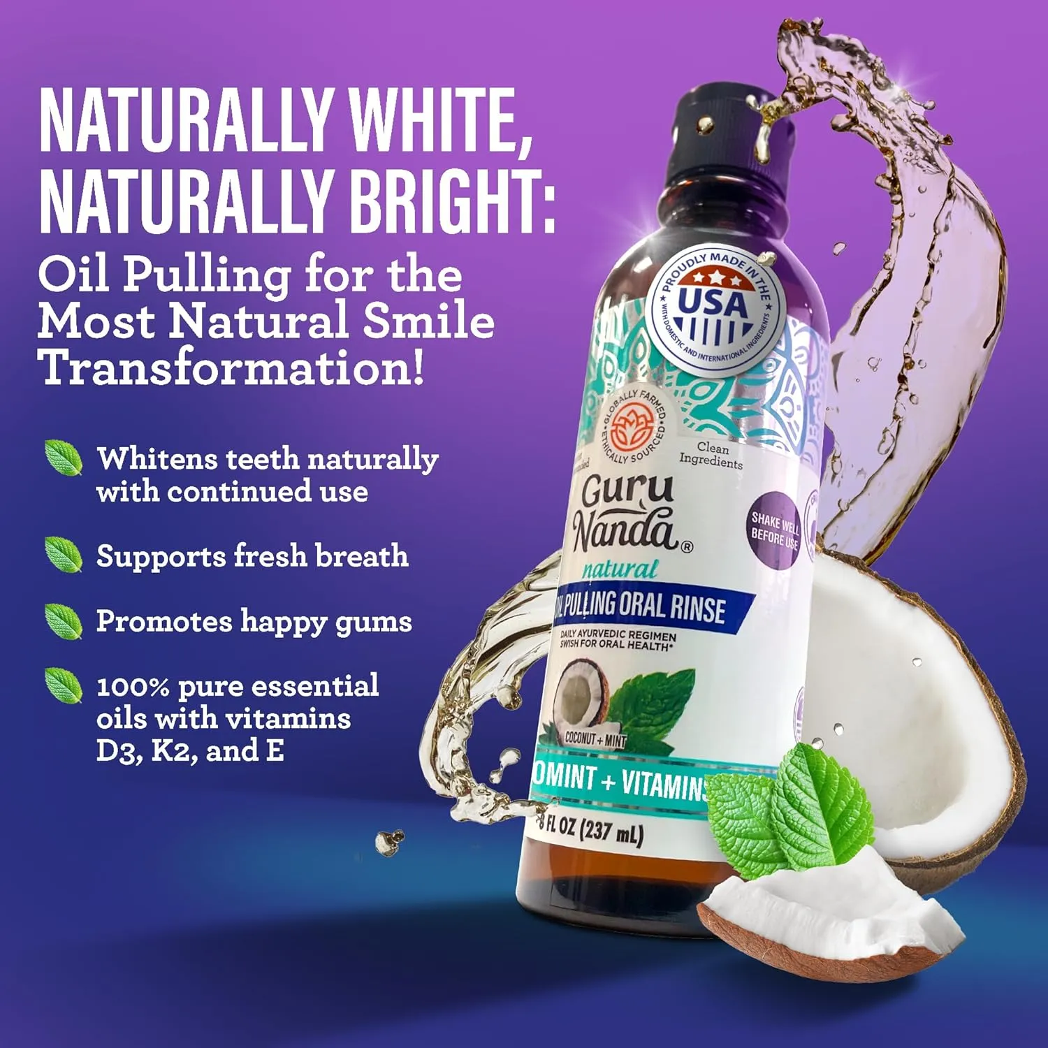 GuruNanda Total Smile Makeover Kit Charcoal with Cocomint Oil Pulling, Dual Barrel Whitening Mouthwash, Whitening Strips & Charcoal Butter on Gums Toothbrushes