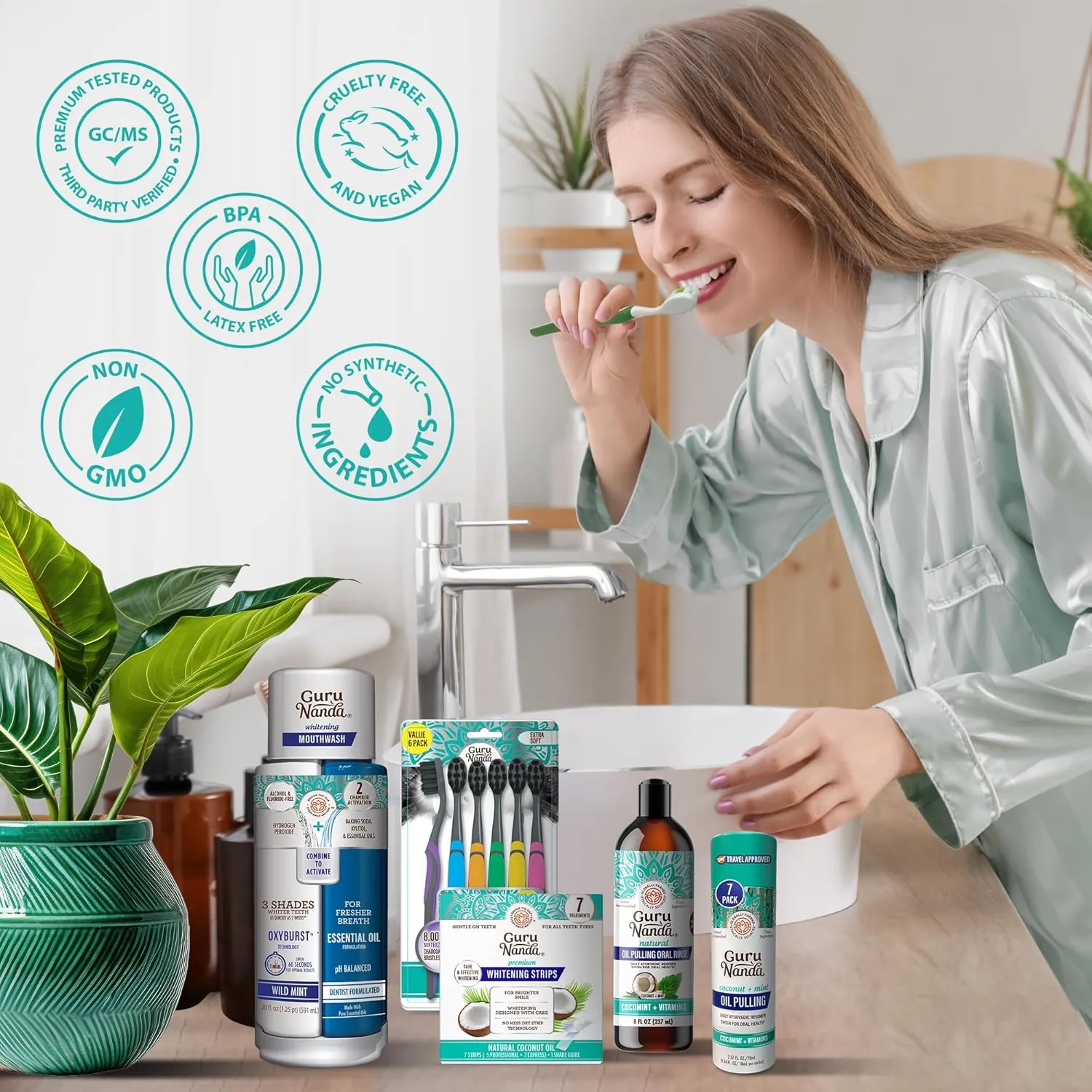 GuruNanda Total Smile Makeover Kit Charcoal with Cocomint Oil Pulling, Dual Barrel Whitening Mouthwash, Whitening Strips & Charcoal Butter on Gums Toothbrushes
