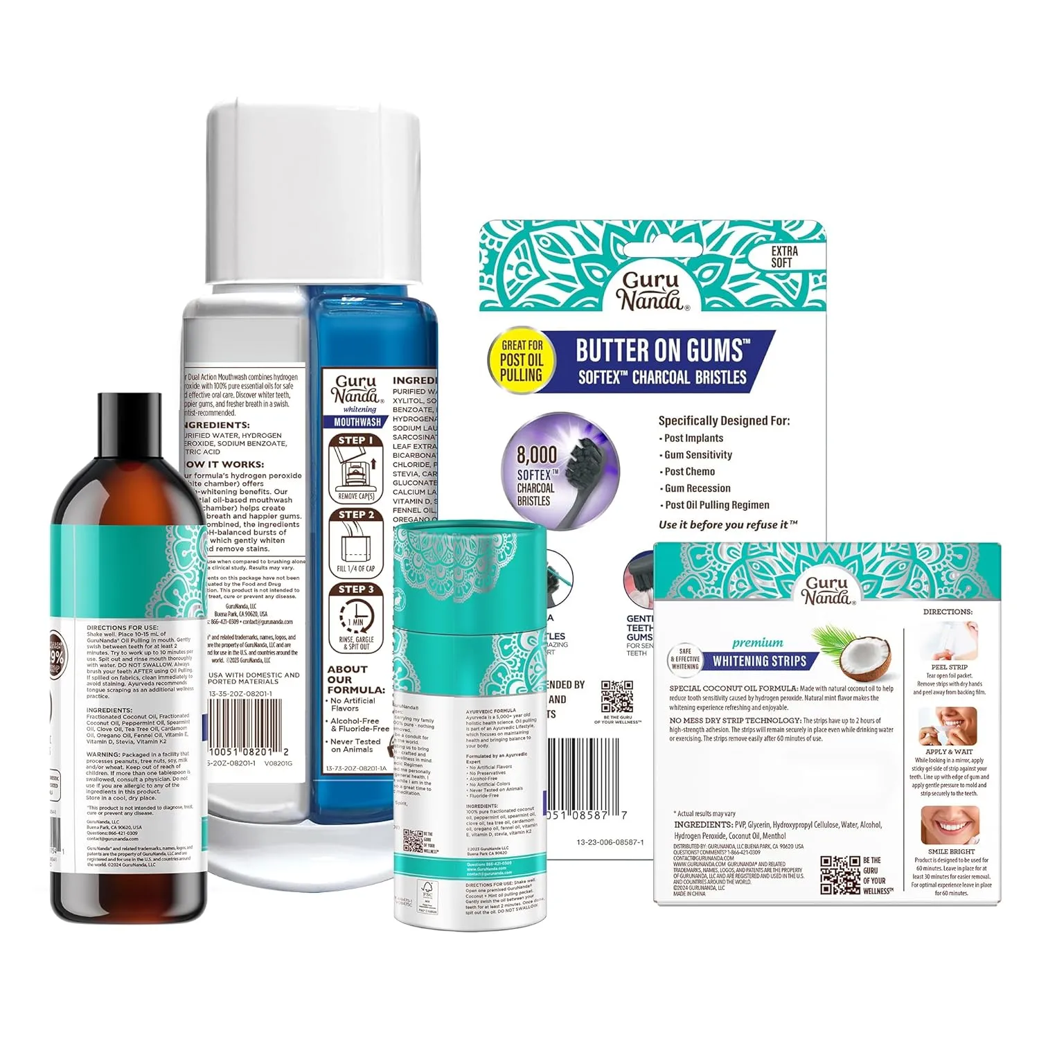 GuruNanda Total Smile Makeover Kit Charcoal with Cocomint Oil Pulling, Dual Barrel Whitening Mouthwash, Whitening Strips & Charcoal Butter on Gums Toothbrushes