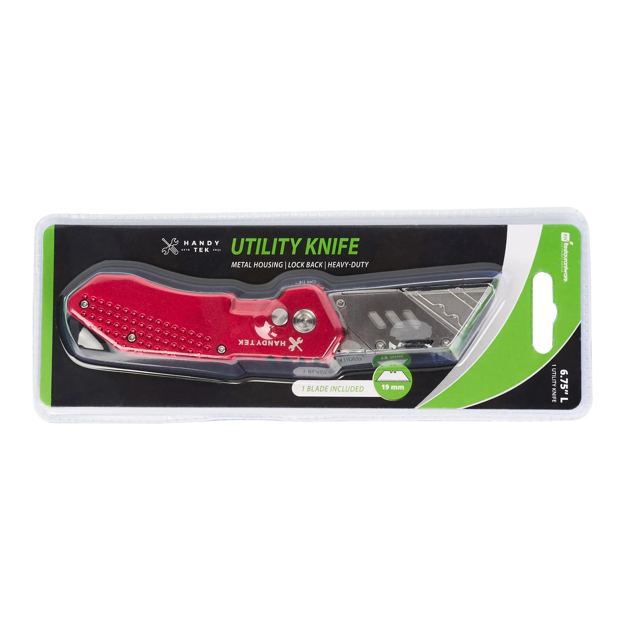 Handy Tek Red Folding Utility Knife - Quick Change, Lock Back, Heavy Duty - 6 3/4" - 6 count box