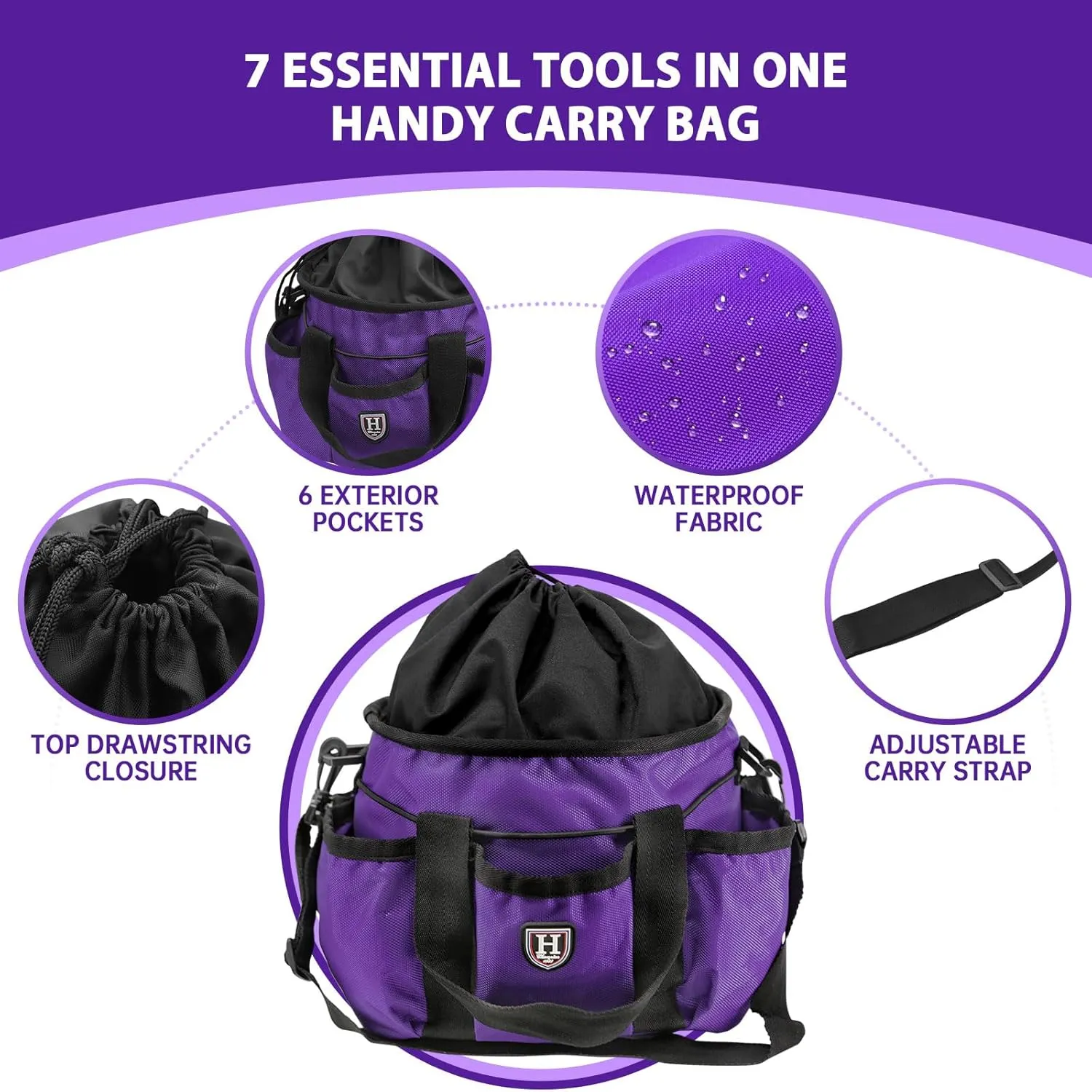 Harrison Howard Horse Grooming Brushes Kit 7 pieces with Organizer Tote Equine Care Series Horse Brush Sets Purple