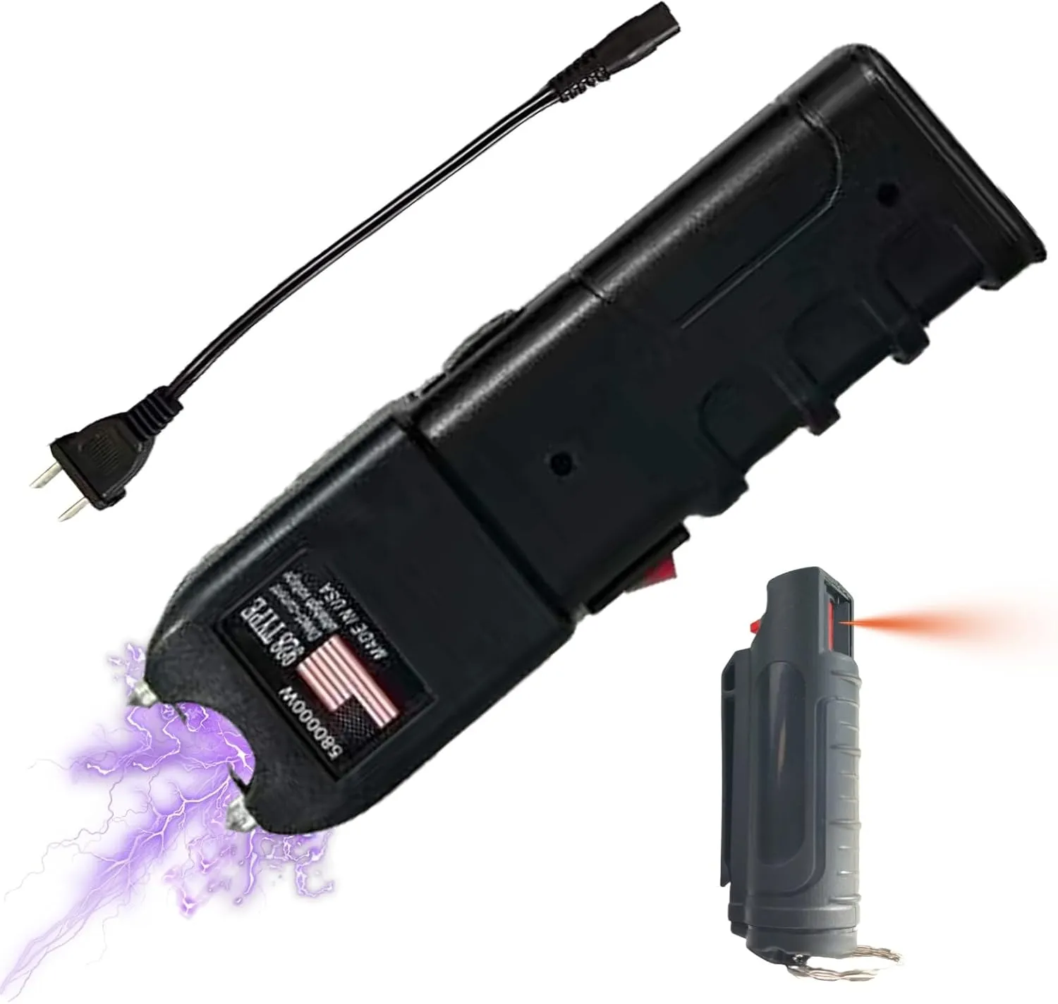 Heavy Duty Stun Gun and Pepper Spray Combo with Plug Charger Self Defense Kit for Men Rechargeable Safety Device with Clip-On Keychain Spray