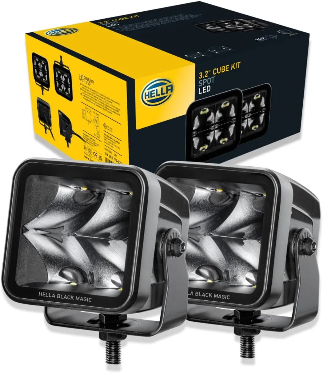 Hella Black Magic LED Series 3.2 Inch Cube Kit - LED Spotlight with Wiring Harness - Performance High Beam Off-Road Light for Pickup Trucks, ATV, SUV, 4x4, Jeep, Tractors / 358176821