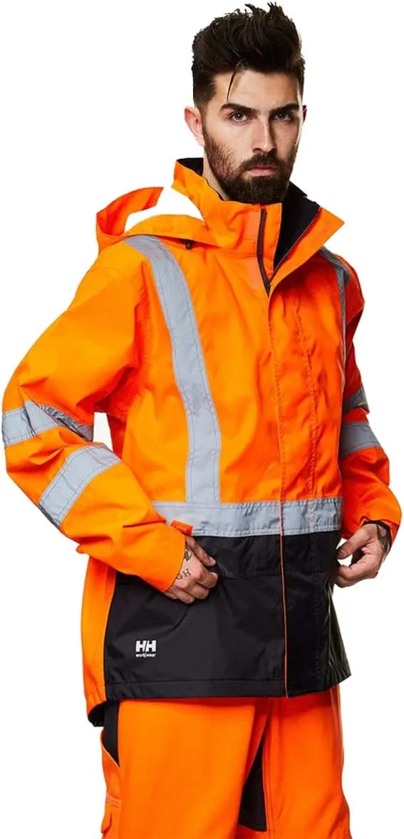 Helly-Hansen Alta Waterproof High Visibility Shell Jackets for Men with Detachable Hood and Napoleon Pocket; Class 3