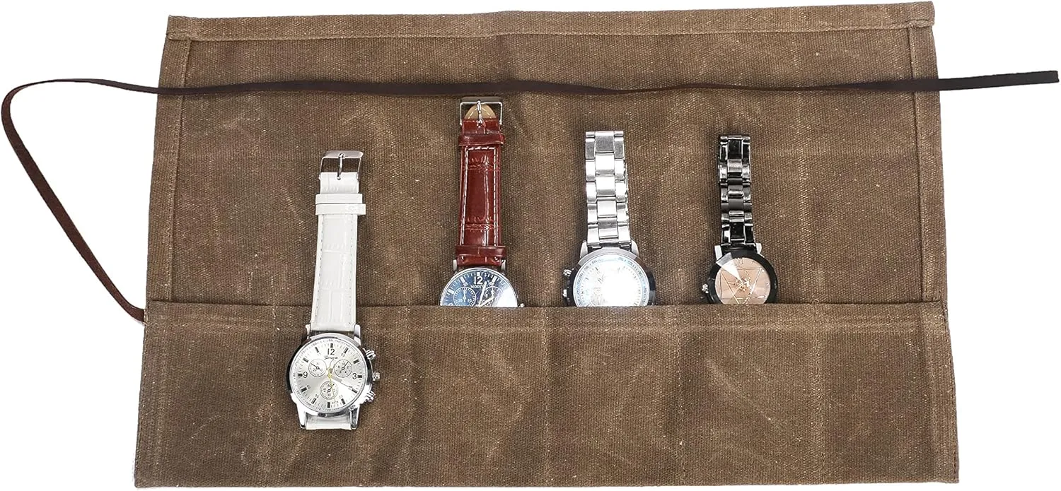 HERSENT Waxed Canvas Watch Roll Handmade Waterproof Multi-Purpose Travel Case Watch Roll-up Organizer Holds 6 Wristwatches Best Gift for Him Her Boyfriend Girlfriend Mom Dad Wife & Husband HGJ03-I