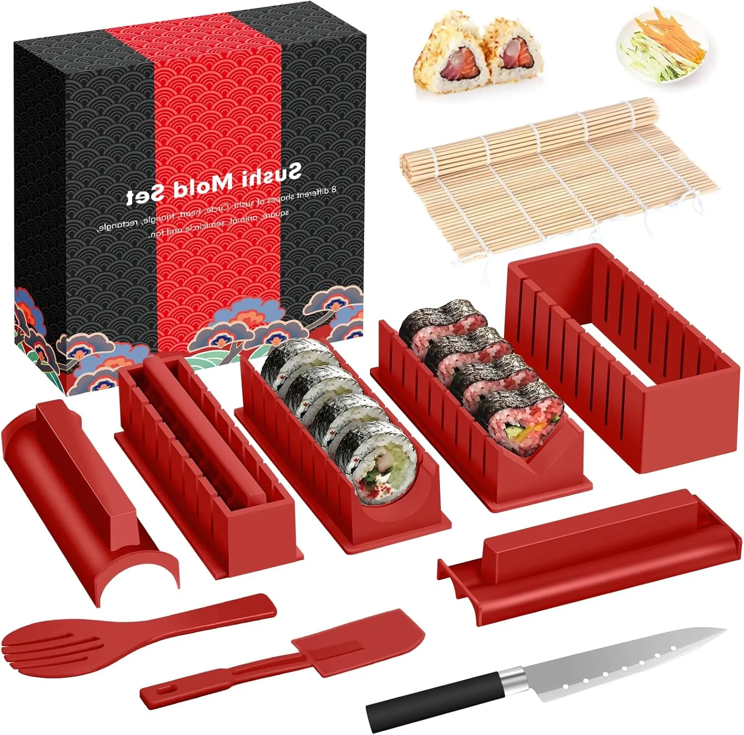 HI NINGER Sushi Making Kit Deluxe Edition Complete Sushi Maker Kit 12PCS Home Sushi Mold Press with Sushi Rice Roll Mold Shapes,Fork , Sushi Knife,Sushi Rolling Mat,Chopsticks