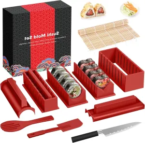 HI NINGER Sushi Making Kit Deluxe Edition Complete Sushi Maker Kit 12PCS Home Sushi Mold Press with Sushi Rice Roll Mold Shapes,Fork , Sushi Knife,Sushi Rolling Mat,Chopsticks