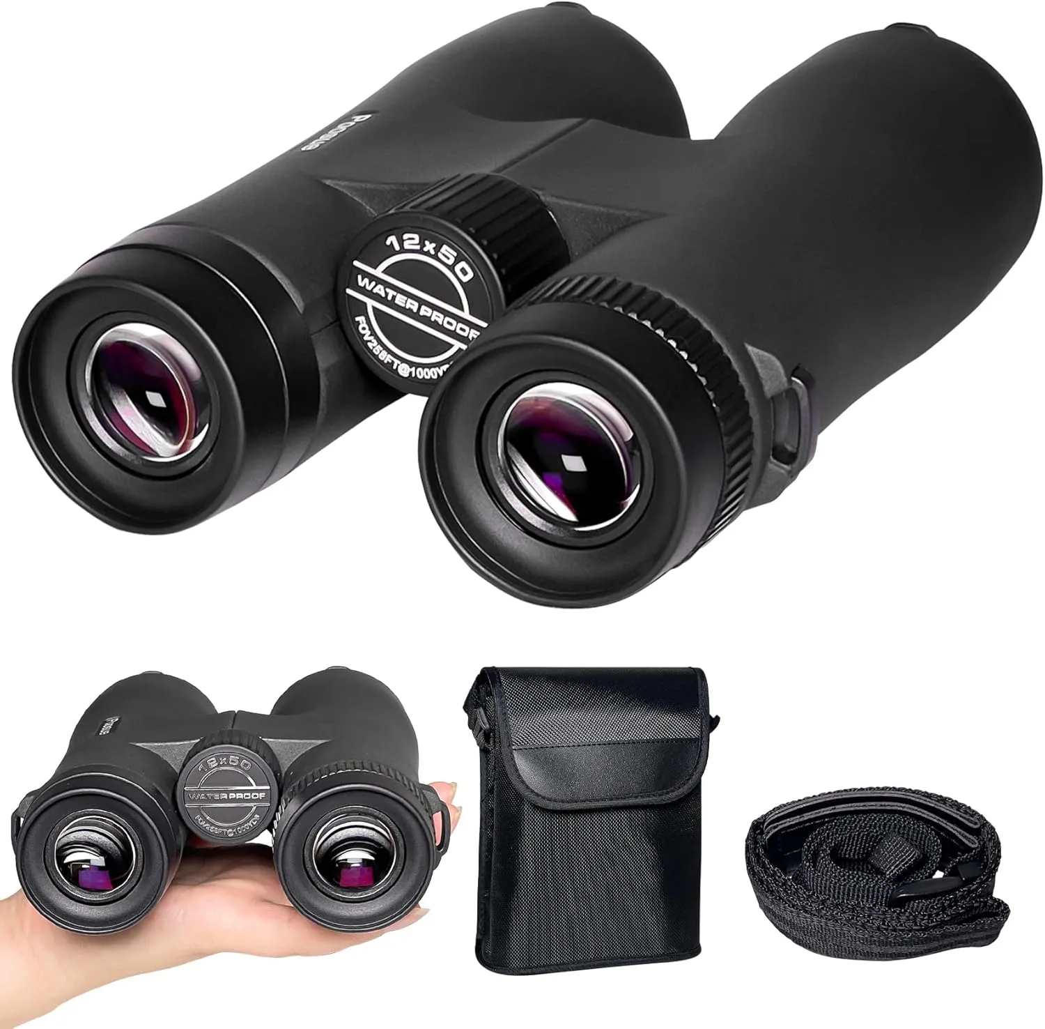 High Power Binoculars - 12x50 HD for Adults, Large View with Clear Low Light Vision - Lightweight Waterproof Binoculars for Bird Watching, Hunting, Stargazing (Black)