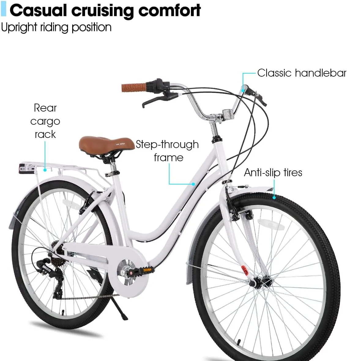 HILAND 26 in Women's Hybrid Bike for Adult, 7 Speed Step Through Hi-Ten Steel Frame City Commuter Beach Cruiser Bike, Hybrid Bicycle, Multicolor