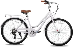 HILAND 26 in Women's Hybrid Bike for Adult, 7 Speed Step Through Hi-Ten Steel Frame City Commuter Beach Cruiser Bike, Hybrid Bicycle, Multicolor