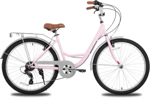 HILAND 26 Inch Hybrid Bike for Adult Women Female, 7-Speed, Lightweight Step Through Hi-Ten Steel Frame City Commuter Comfort Lady Bicycle, Beach Cruiser Bike, Multiple Colors