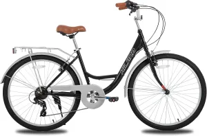 HILAND 26 Inch Hybrid Bike for Adult Women Female, 7-Speed, Lightweight Step Through Hi-Ten Steel Frame City Commuter Comfort Lady Bicycle, Beach Cruiser Bike, Multiple Colors