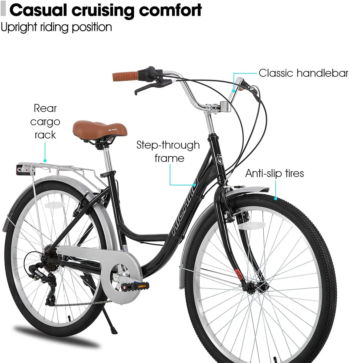 HILAND 26 Inch Hybrid Bike for Adult Women Female, 7-Speed, Lightweight Step Through Hi-Ten Steel Frame City Commuter Comfort Lady Bicycle, Beach Cruiser Bike, Multiple Colors