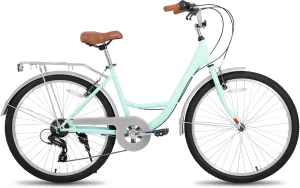 HILAND 26 Inch Hybrid Bike for Adult Women Female, 7-Speed, Lightweight Step Through Hi-Ten Steel Frame City Commuter Comfort Lady Bicycle, Beach Cruiser Bike, Multiple Colors