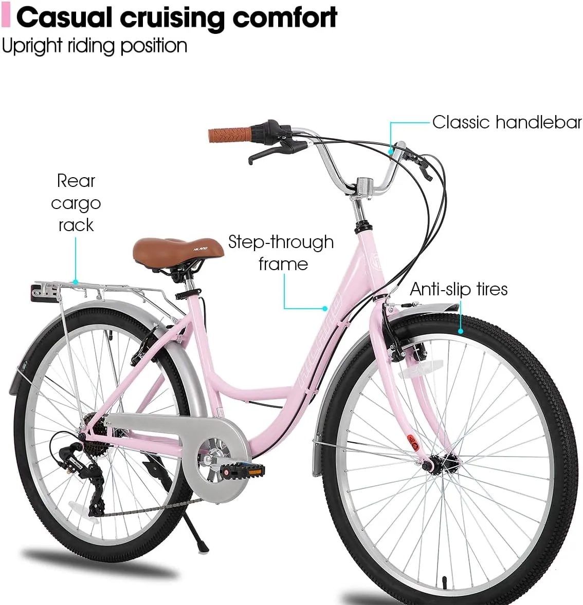 HILAND 26 Inch Hybrid Bike for Adult Women Female, 7-Speed, Lightweight Step Through Hi-Ten Steel Frame City Commuter Comfort Lady Bicycle, Beach Cruiser Bike, Multiple Colors