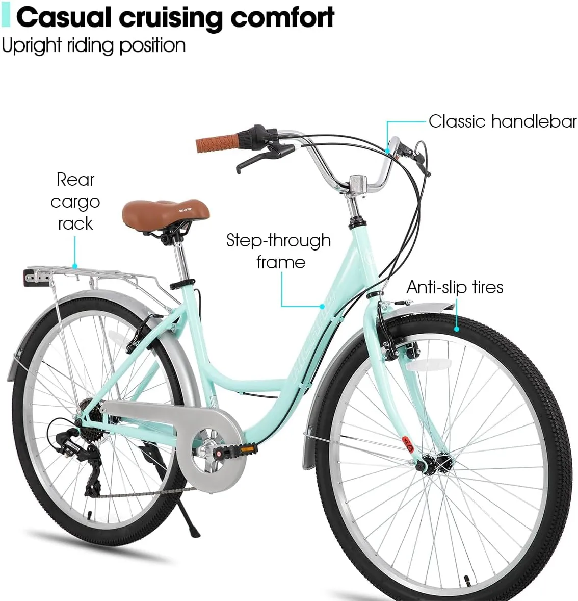 HILAND 26 Inch Hybrid Bike for Adult Women Female, 7-Speed, Lightweight Step Through Hi-Ten Steel Frame City Commuter Comfort Lady Bicycle, Beach Cruiser Bike, Multiple Colors