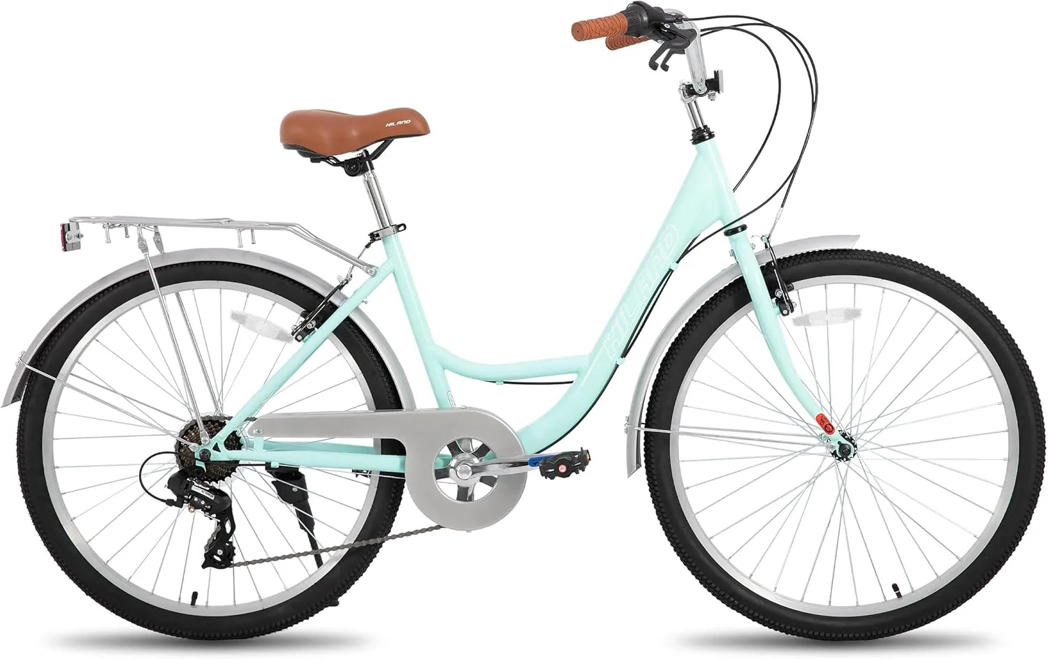 HILAND 26 Inch Hybrid Bike for Adult Women Female, 7-Speed, Lightweight Step Through Hi-Ten Steel Frame City Commuter Comfort Lady Bicycle, Beach Cruiser Bike, Multiple Colors