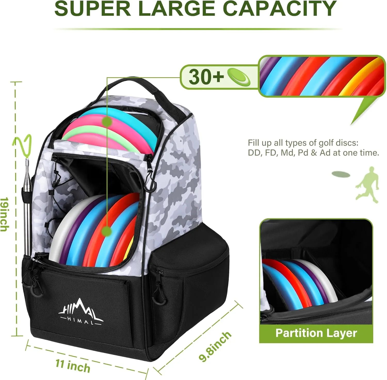 Himal Outdoors Disc Golf Bag with 30  Disc Capacity, Durable Disc Golf Backpack for Men Multiple Storage Pockets