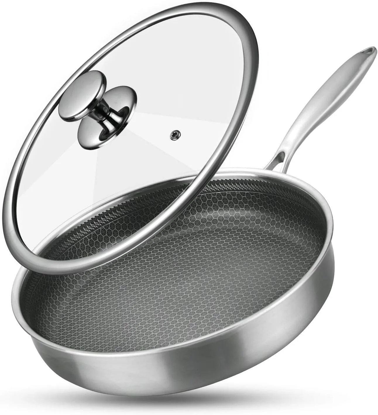 HODRME Stainless Steel Semi Nonstick Frying Pan with Lid-12 Inch Honeycomb Tri-ply Coating Anti Scratch Die Casting Skillet for Gas Electric Induction Ceramic Stoves and Oven Resistant