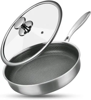 HODRME Stainless Steel Semi Nonstick Frying Pan with Lid-12 Inch Honeycomb Tri-ply Coating Anti Scratch Die Casting Skillet for Gas Electric Induction Ceramic Stoves and Oven Resistant