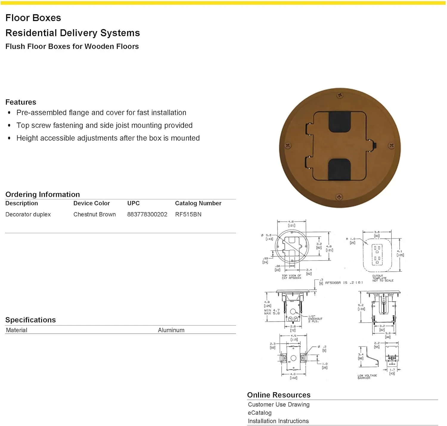 Hubbell Wiring Systems RF515BN tradeSELECT Aluminum Floor Box for Structural Wood Floor, 15A, 125V, Chestnut Brown Paint