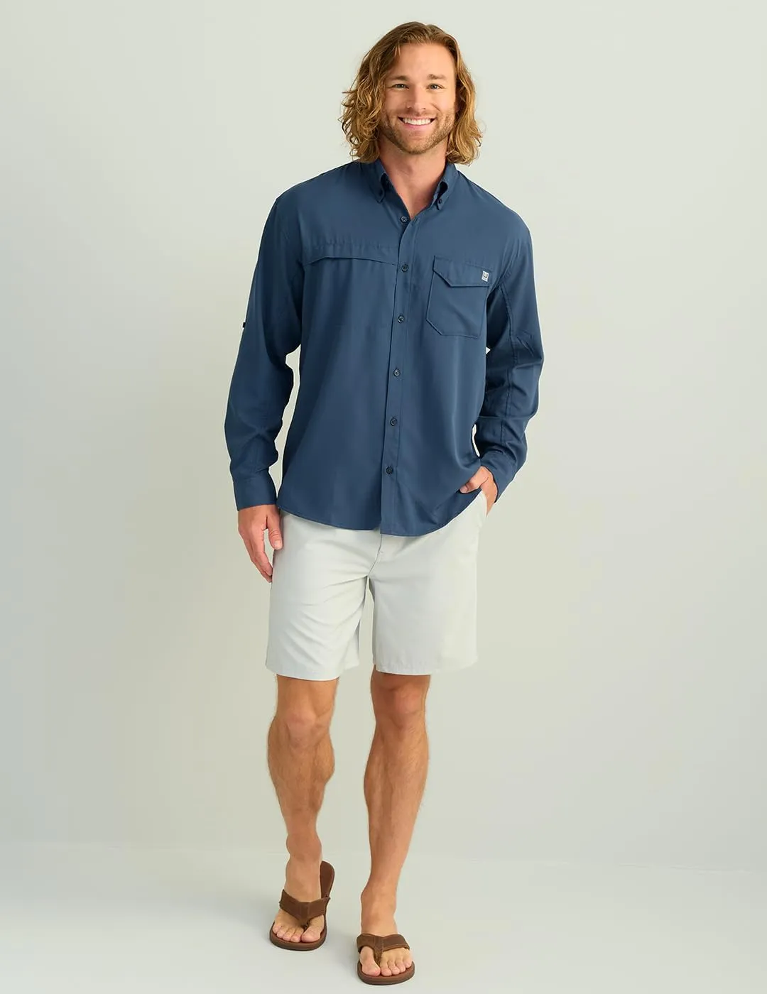 HUK Men's Tide Point Solid Long Sleeve Shirt, Button