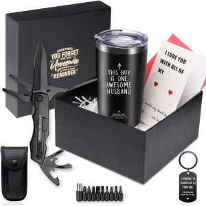 Husband Father's Gift Box - Premium Insulated Tumbler & Multi-Tool Pocket Knife Set with Keychain & Greeting Card - Perfect Best Gifts,Anniversary, Birthday Gift for Him - Mens Wedding Keepsake Box
