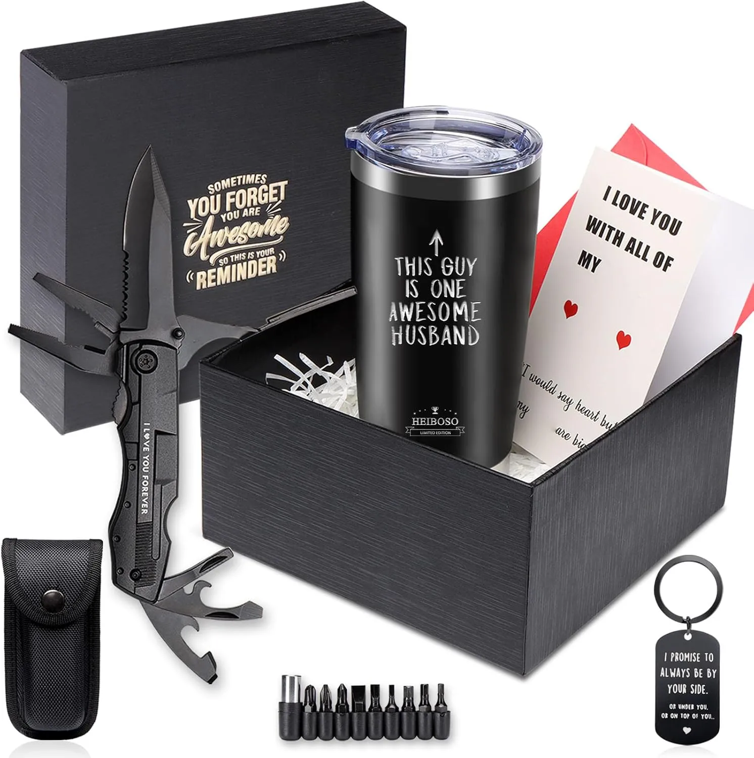 Husband Father's Gift Box - Premium Insulated Tumbler & Multi-Tool Pocket Knife Set with Keychain & Greeting Card - Perfect Best Gifts,Anniversary, Birthday Gift for Him - Mens Wedding Keepsake Box