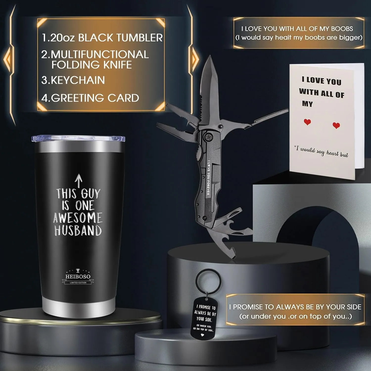 Husband Father's Gift Box - Premium Insulated Tumbler & Multi-Tool Pocket Knife Set with Keychain & Greeting Card - Perfect Best Gifts,Anniversary, Birthday Gift for Him - Mens Wedding Keepsake Box